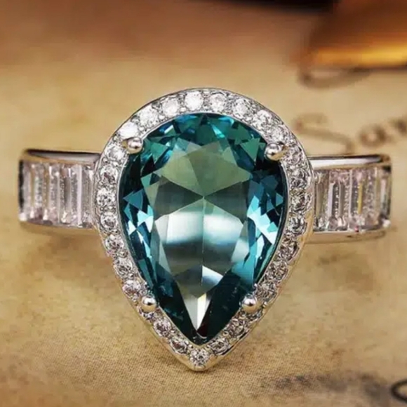 🎀925 Aquamarine Teardrop Sapphire Halo Ring - Picture 2 of 5